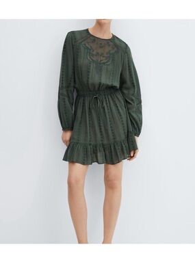 Mango Dark Green Long-Sleeve Drawstring Waist Mini Dress S/4